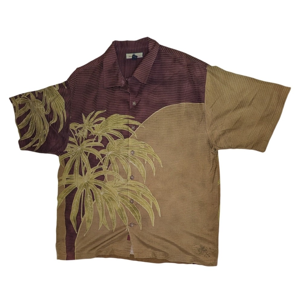 Tommy Bahama Shirt Mens XL Burgundy Tan Silk Cotton Palm Leaf Striped Camp Relax